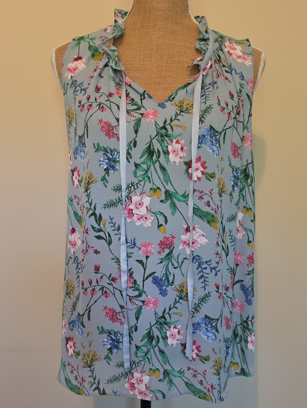 Violet & Claire Light Blue Floral Ruffle Tie-Neck Camisole